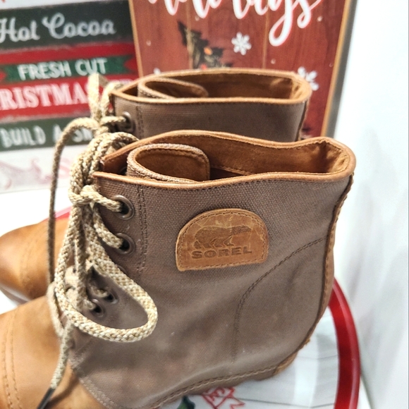 💕EUC Sorel Brand Premium Moto PDX Leather Lace Up Wedge Ankle Boots, Came, 10 - Picture 8 of 16